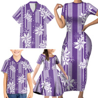 Hawaii Kakau Tribal Family Matching Short Sleeve Bodycon Dress and Hawaiian Shirt With Purple Tiare LT05 - Polynesian Pride