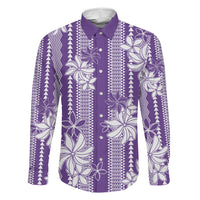 Hawaii Kakau Tribal Family Matching Short Sleeve Bodycon Dress and Hawaiian Shirt With Purple Tiare LT05 Dad's Shirt - Long Sleeve Purple - Polynesian Pride