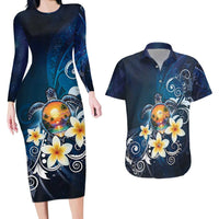 Hawaii Honu Couples Matching Long Sleeve Bodycon Dress and Hawaiian Shirt Polynesian Curves Plumeria LT05 Navy - Polynesian Pride