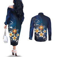 Hawaii Honu Couples Matching Off The Shoulder Long Sleeve Dress and Long Sleeve Button Shirt Polynesian Curves Plumeria LT05 - Polynesian Pride