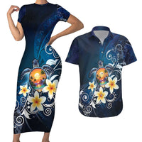 Hawaii Honu Couples Matching Short Sleeve Bodycon Dress and Hawaiian Shirt Polynesian Curves Plumeria LT05 Navy - Polynesian Pride