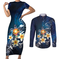 Hawaii Honu Couples Matching Short Sleeve Bodycon Dress and Long Sleeve Button Shirt Polynesian Curves Plumeria LT05 Navy - Polynesian Pride