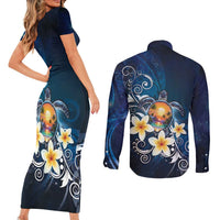 Hawaii Honu Couples Matching Short Sleeve Bodycon Dress and Long Sleeve Button Shirt Polynesian Curves Plumeria LT05 - Polynesian Pride