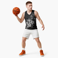 Hawaii Honu Basketball Jersey Polynesian Curves Plumeria Grayscale - Polynesian Pride