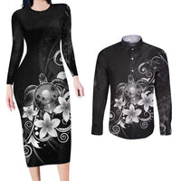 Hawaii Honu Couples Matching Long Sleeve Bodycon Dress and Long Sleeve Button Shirt Polynesian Curves Plumeria Grayscale LT05 Black - Polynesian Pride