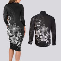 Hawaii Honu Couples Matching Long Sleeve Bodycon Dress and Long Sleeve Button Shirt Polynesian Curves Plumeria Grayscale LT05 - Polynesian Pride