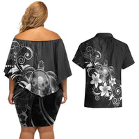 Hawaii Honu Couples Matching Off Shoulder Short Dress and Hawaiian Shirt Polynesian Curves Plumeria Grayscale LT05 - Polynesian Pride