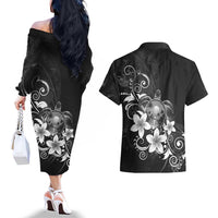 Hawaii Honu Couples Matching Off The Shoulder Long Sleeve Dress and Hawaiian Shirt Polynesian Curves Plumeria Grayscale LT05 - Polynesian Pride