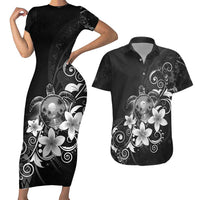 Hawaii Honu Couples Matching Short Sleeve Bodycon Dress and Hawaiian Shirt Polynesian Curves Plumeria Grayscale LT05 Black - Polynesian Pride