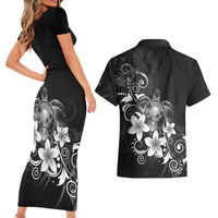 Hawaii Honu Couples Matching Short Sleeve Bodycon Dress and Hawaiian Shirt Polynesian Curves Plumeria Grayscale LT05 - Polynesian Pride