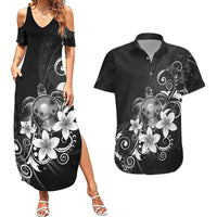 Hawaii Honu Couples Matching Summer Maxi Dress and Hawaiian Shirt Polynesian Curves Plumeria Grayscale LT05 Black - Polynesian Pride
