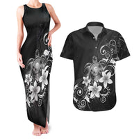 Hawaii Honu Couples Matching Tank Maxi Dress and Hawaiian Shirt - Polynesian Curves Plumeria Grayscale LT05 Black - Polynesian Pride
