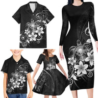 Hawaii Honu Family Matching Long Sleeve Bodycon Dress and Hawaiian Shirt Polynesian Curves Plumeria Grayscale LT05 - Polynesian Pride