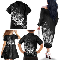 Hawaii Honu Family Matching Off The Shoulder Long Sleeve Dress and Hawaiian Shirt Polynesian Curves Plumeria Grayscale LT05 - Polynesian Pride
