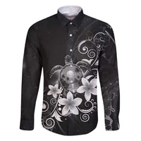 Hawaii Honu Family Matching Off The Shoulder Long Sleeve Dress and Hawaiian Shirt Polynesian Curves Plumeria Grayscale LT05 Dad's Shirt - Long Sleeve Black - Polynesian Pride