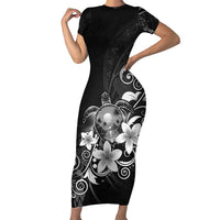 Hawaii Honu Family Matching Short Sleeve Bodycon Dress and Hawaiian Shirt Polynesian Curves Plumeria Grayscale LT05 Mom's Dress Black - Polynesian Pride