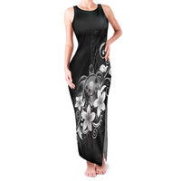 Hawaii Honu Family Matching Tank Maxi Dress and Hawaiian Shirt Polynesian Curves Plumeria Grayscale LT05 Mom's Dress Black - Polynesian Pride