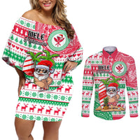 Personalized Hawaii Christmas Couples Matching Off Shoulder Short Dress and Long Sleeve Button Shirts Santa Claus Surf Mele Kalikimaka LT05 Red - Polynesian Pride
