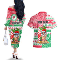 Personalized Hawaii Christmas Couples Matching Off The Shoulder Long Sleeve Dress and Hawaiian Shirt Santa Claus Surf Mele Kalikimaka LT05 - Polynesian Pride