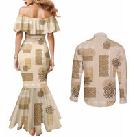 Vintage Lapita Couples Matching Mermaid Dress and Long Sleeve Button Shirt Iconic Double Face Pattern Beige