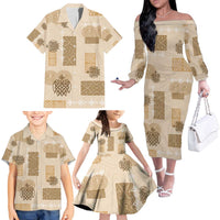 Vintage Lapita Family Matching Off The Shoulder Long Sleeve Dress and Hawaiian Shirt Iconic Double Face Pattern Beige LT05 - Polynesian Pride
