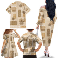 Vintage Lapita Family Matching Off The Shoulder Long Sleeve Dress and Hawaiian Shirt Iconic Double Face Pattern Beige LT05 - Polynesian Pride