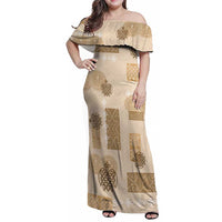 Vintage Lapita Family Matching Off Shoulder Maxi Dress and Hawaiian Shirt Iconic Double Face Pattern Beige LT05 Mom's Dress Beige - Polynesian Pride