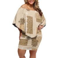 Vintage Lapita Family Matching Off Shoulder Short Dress and Hawaiian Shirt Iconic Double Face Pattern Beige LT05 Mom's Dress Beige - Polynesian Pride