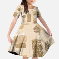 Vintage Lapita Family Matching Summer Maxi Dress and Hawaiian Shirt Iconic Double Face Pattern Beige LT05 Daughter's Dress Beige - Polynesian Pride