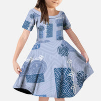 Vintage Lapita Kid Short Sleeve Dress Iconic Double Face Pattern Blue