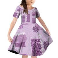 Vintage Lapita Family Matching Off Shoulder Short Dress and Hawaiian Shirt Iconic Double Face Pattern Violet LT05 Daughter's Dress Violet - Polynesian Pride