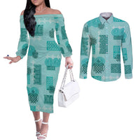 Vintage Lapita Couples Matching Off The Shoulder Long Sleeve Dress and Long Sleeve Button Shirt Iconic Double Face Pattern Turquoise LT05 Turquoise - Polynesian Pride