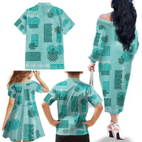 Vintage Lapita Family Matching Off The Shoulder Long Sleeve Dress and Hawaiian Shirt Iconic Double Face Pattern Turquoise LT05 - Polynesian Pride