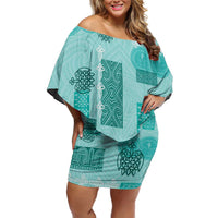 Vintage Lapita Family Matching Off Shoulder Short Dress and Hawaiian Shirt Iconic Double Face Pattern Turquoise LT05 Mom's Dress Turquoise - Polynesian Pride