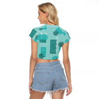 Vintage Lapita Raglan Cropped T Shirt Iconic Double Face Pattern Turquoise LT05