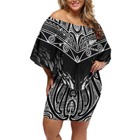Custom New Zealand Fishing Off Shoulder Short Dress Aotearoa Maori Koru LT05 Women Black - Polynesian Pride