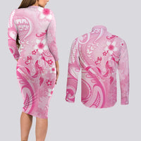 Personalised Memorial Pink Breast Cancer Awareness Couples Matching Long Sleeve Bodycon Dress and Long Sleeve Button Shirt Plumeria Floral Tribal Pattern LT05 - Polynesian Pride
