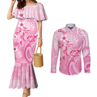 Personalised Memorial Pink Breast Cancer Awareness Couples Matching Mermaid Dress and Long Sleeve Button Shirt Plumeria Floral Tribal Pattern LT05 Pink - Polynesian Pride