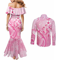 Personalised Memorial Pink Breast Cancer Awareness Couples Matching Mermaid Dress and Long Sleeve Button Shirt Plumeria Floral Tribal Pattern LT05 - Polynesian Pride