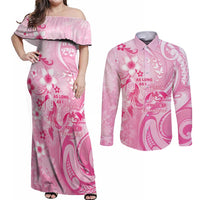 Personalised Memorial Pink Breast Cancer Awareness Couples Matching Off Shoulder Maxi Dress and Long Sleeve Button Shirt Plumeria Floral Tribal Pattern LT05 Pink - Polynesian Pride