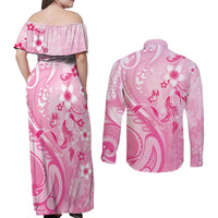 Personalised Memorial Pink Breast Cancer Awareness Couples Matching Off Shoulder Maxi Dress and Long Sleeve Button Shirt Plumeria Floral Tribal Pattern LT05 - Polynesian Pride