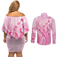 Personalised Memorial Pink Breast Cancer Awareness Couples Matching Off Shoulder Short Dress and Long Sleeve Button Shirt Plumeria Floral Tribal Pattern LT05 - Polynesian Pride