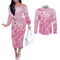 Personalised Memorial Pink Breast Cancer Awareness Couples Matching Off The Shoulder Long Sleeve Dress and Long Sleeve Button Shirt Plumeria Floral Tribal Pattern LT05 Pink - Polynesian Pride
