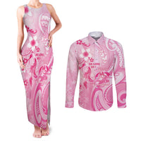 Personalised Memorial Pink Breast Cancer Awareness Couples Matching Tank Maxi Dress and Long Sleeve Button Shirt Plumeria Floral Tribal Pattern LT05 Pink - Polynesian Pride