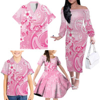 Personalised Memorial Pink Breast Cancer Awareness Family Matching Off The Shoulder Long Sleeve Dress and Hawaiian Shirt Plumeria Floral Tribal Pattern LT05 - Polynesian Pride