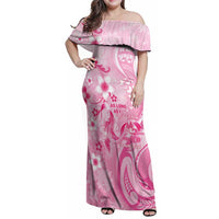 Personalised Memorial Pink Breast Cancer Awareness Family Matching Off Shoulder Maxi Dress and Hawaiian Shirt Plumeria Floral Tribal Pattern LT05 Mom's Dress Pink - Polynesian Pride