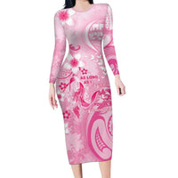 Personalised Memorial Pink Breast Cancer Awareness Long Sleeve Bodycon Dress Plumeria Floral Tribal Pattern LT05 Long Dress Pink - Polynesian Pride