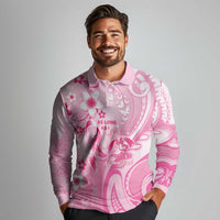 Personalised Memorial Pink Breast Cancer Awareness Long Sleeve Polo Shirt Plumeria Floral Tribal Pattern LT05 - Polynesian Pride
