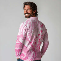 Personalised Memorial Pink Breast Cancer Awareness Long Sleeve Polo Shirt Plumeria Floral Tribal Pattern LT05 - Polynesian Pride