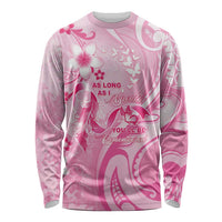 Personalised Memorial Pink Breast Cancer Awareness Long Sleeve Shirt Plumeria Floral Tribal Pattern LT05 Unisex Pink - Polynesian Pride
